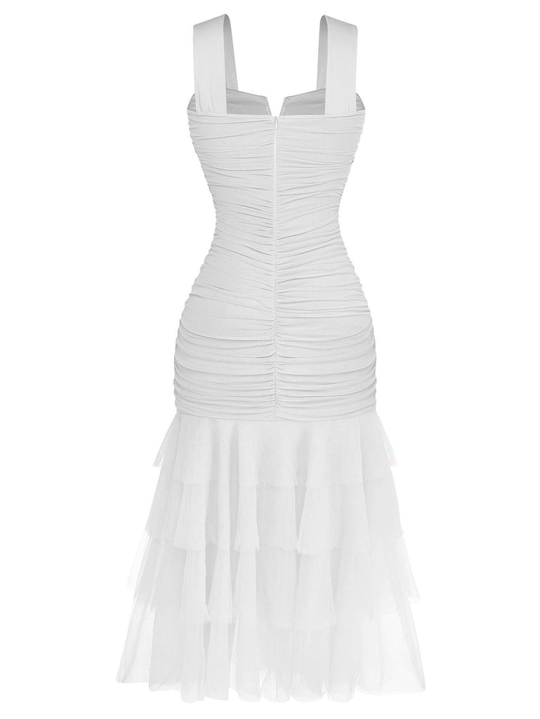 1930er Solide Netz Patchwork Gerafft Enges Kleid