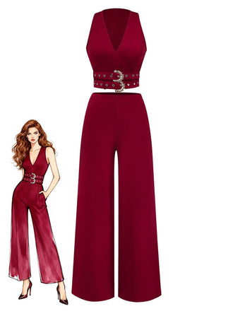 2PCS 1950er Solide Tiefer-V Gürtel Detail Weste & Hose