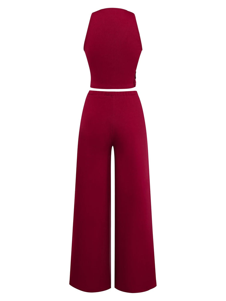 2PCS 1950er Solide Tiefer-V Gürtel Detail Weste & Hose