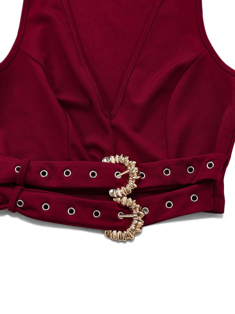 2PCS 1950er Solide Tiefer-V Gürtel Detail Weste & Hose