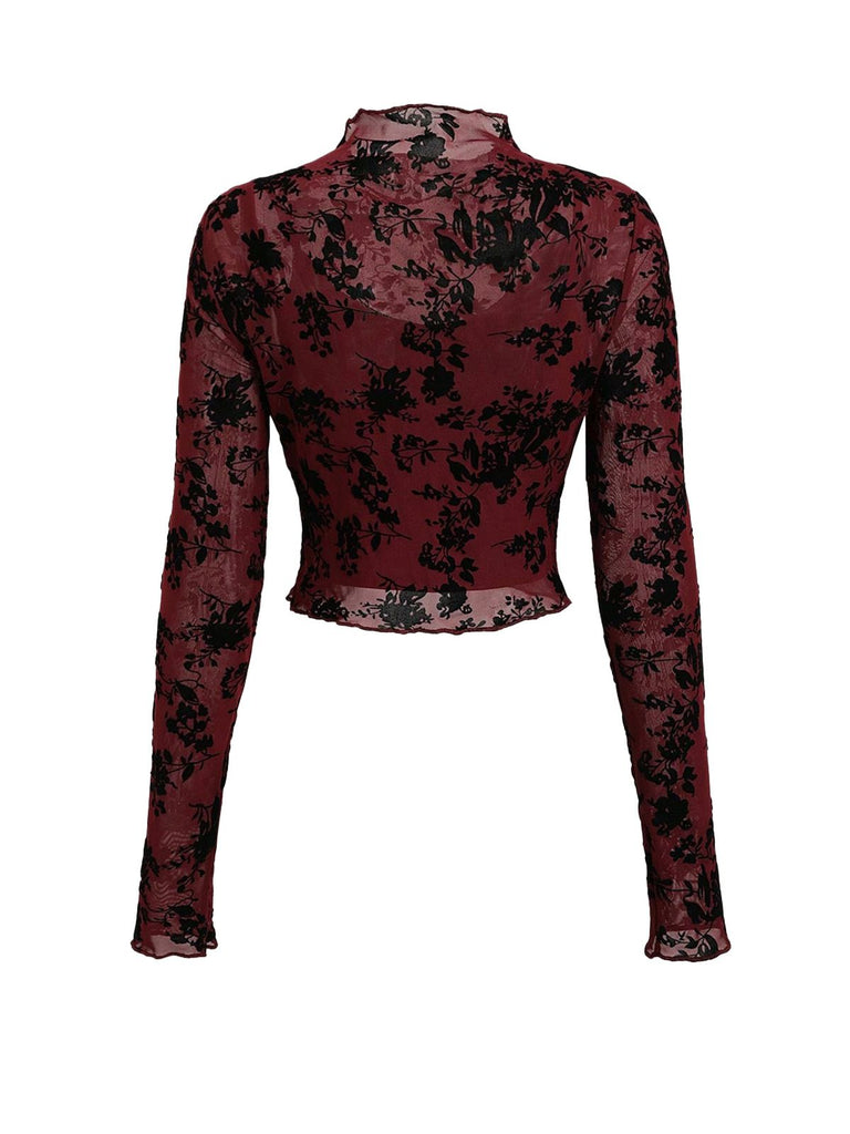 3PCS Weinrot 1930er Beflockt Blumen Transparent Set