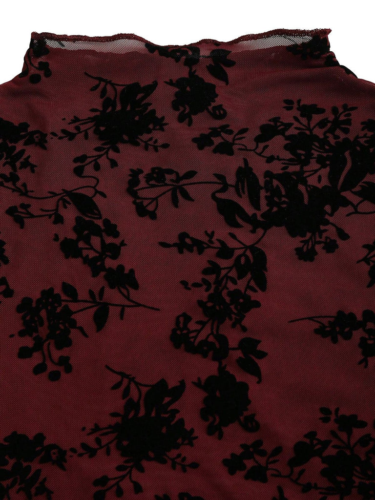 3PCS Weinrot 1930er Beflockt Blumen Transparent Set