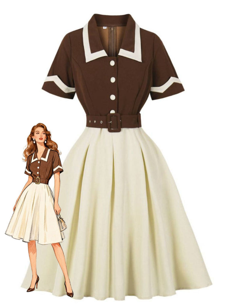 Kaffee & Beige 1950er Kontrast Revers Gürtel Kleid