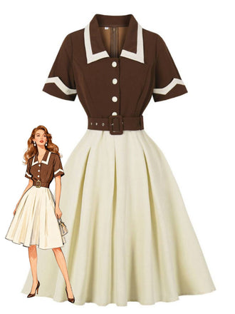 Kaffee & Beige 1950er Kontrast Revers Gürtel Kleid
