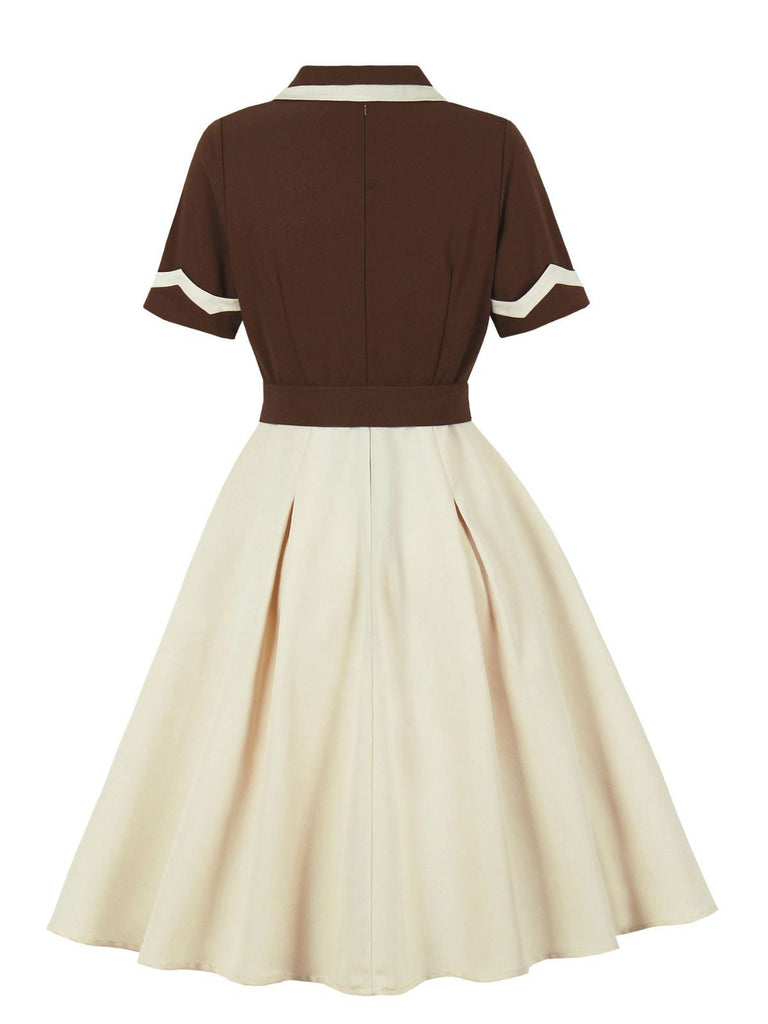 Kaffee & Beige 1950er Kontrast Revers Gürtel Kleid