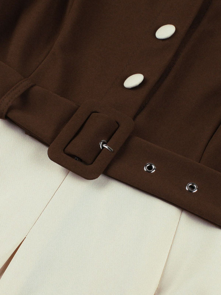 Kaffee & Beige 1950er Kontrast Revers Gürtel Kleid