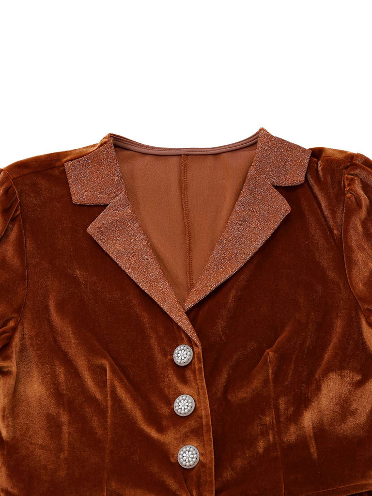 Braun 1940er Solide Revers Samt Schein Zweiteiler Kleid