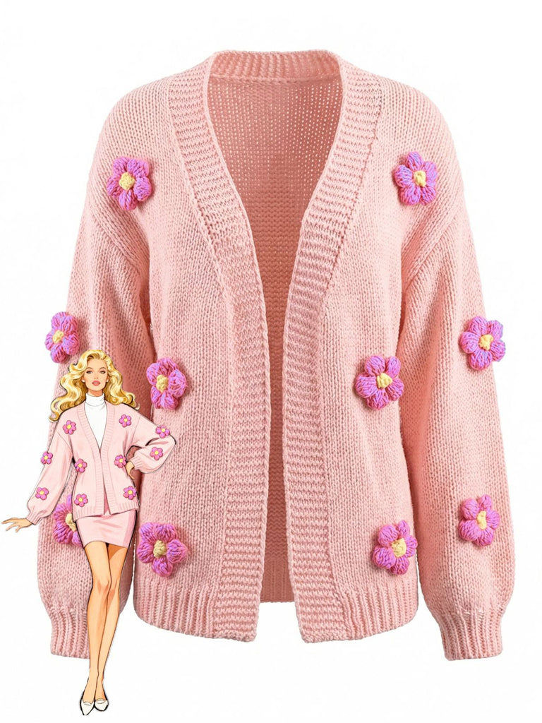 1930er 3D Gänseblümchen Langarm Strick Strickjacke