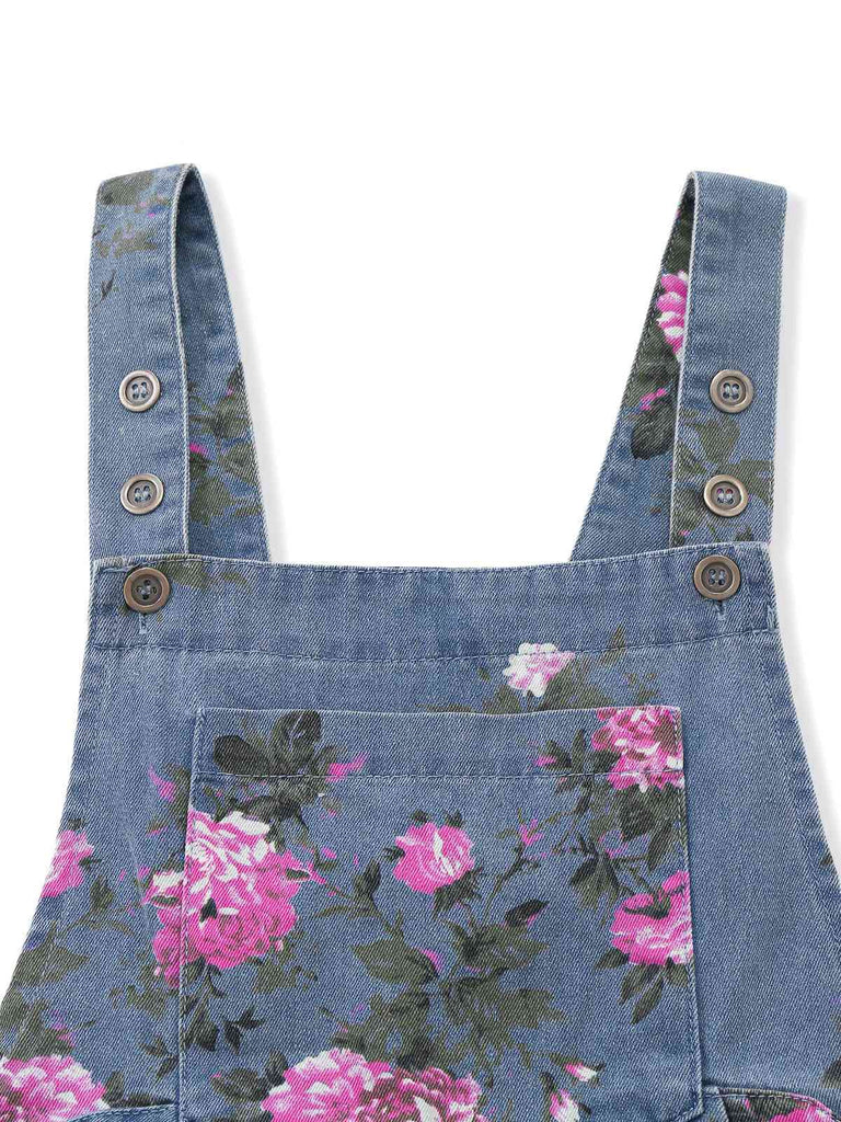 [Vorverkauf] Blau 1960er Jeansstoff Blumen Breit Träger Romper
