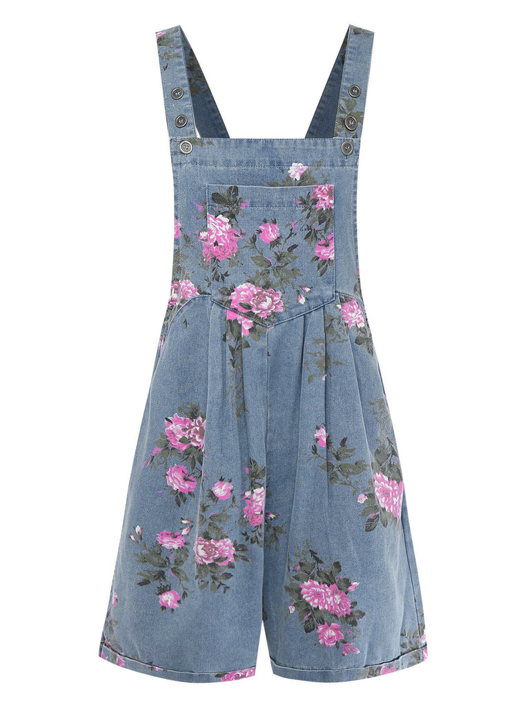 [Vorverkauf] Blau 1960er Jeansstoff Blumen Breit Träger Romper