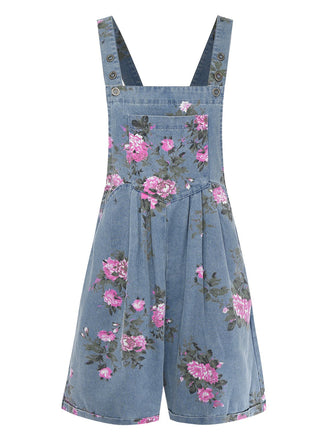 [Vorverkauf] Blau 1960er Jeansstoff Blumen Breit Träger Romper
