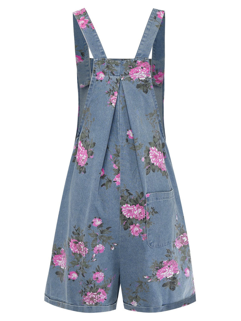 [Vorverkauf] Blau 1960er Jeansstoff Blumen Breit Träger Romper