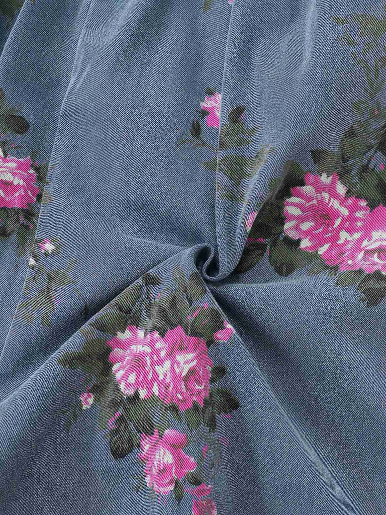 [Vorverkauf] Blau 1960er Jeansstoff Blumen Breit Träger Romper