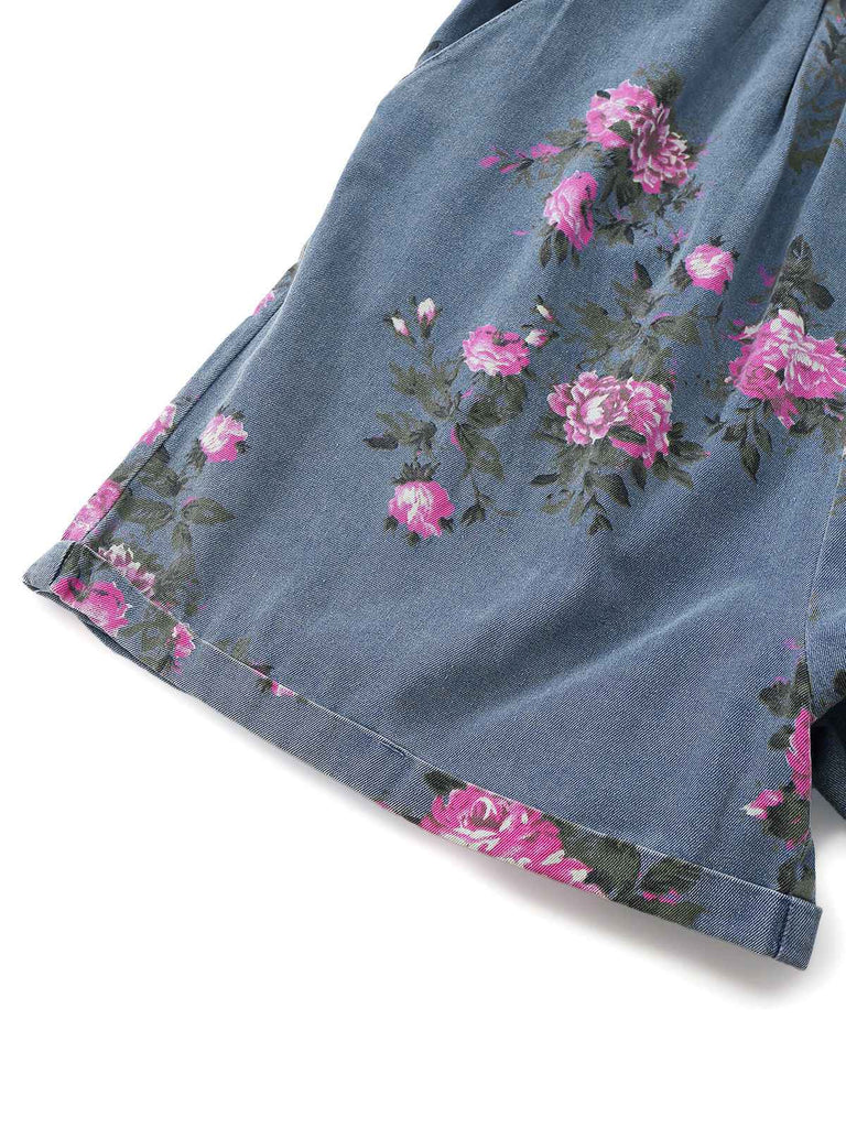 [Vorverkauf] Blau 1960er Jeansstoff Blumen Breit Träger Romper