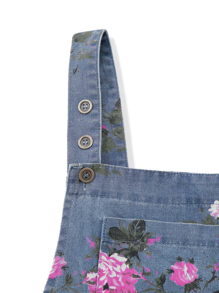 [Vorverkauf] Blau 1960er Jeansstoff Blumen Breit Träger Romper