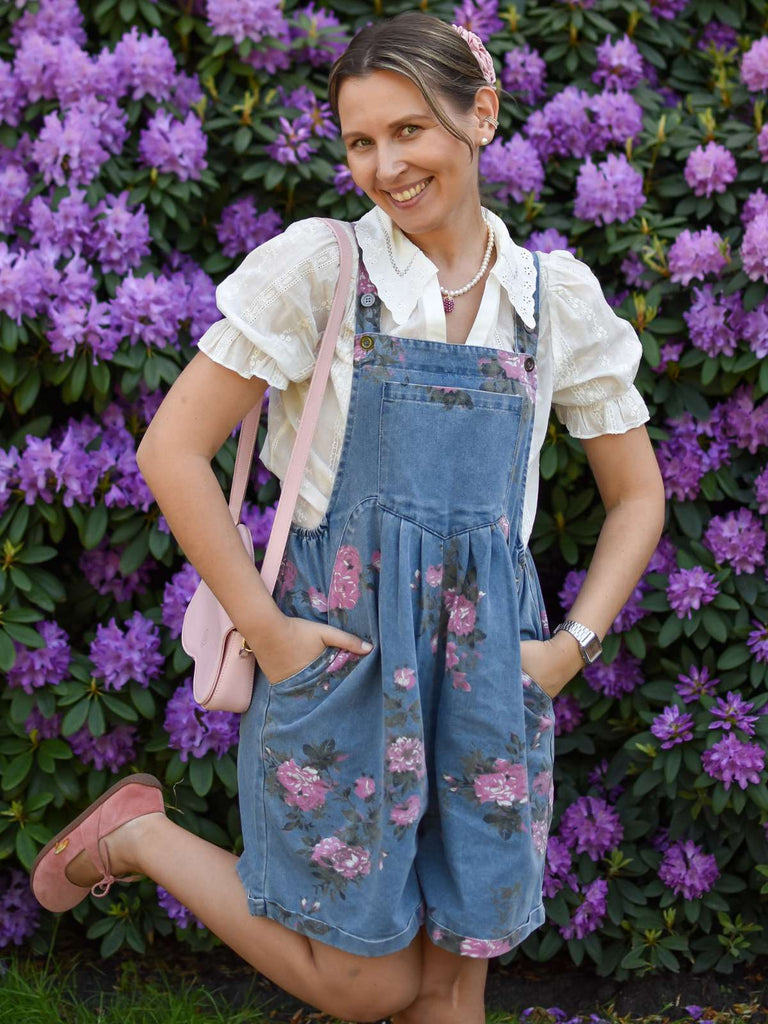 Blau 1960er Jeansstoff Blumen Breit Träger Romper