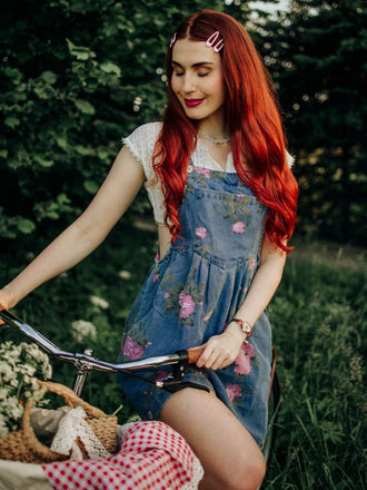 Blau 1960er Jeansstoff Blumen Breit Träger Romper