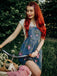 Blau 1960er Jeansstoff Blumen Breit Träger Romper
