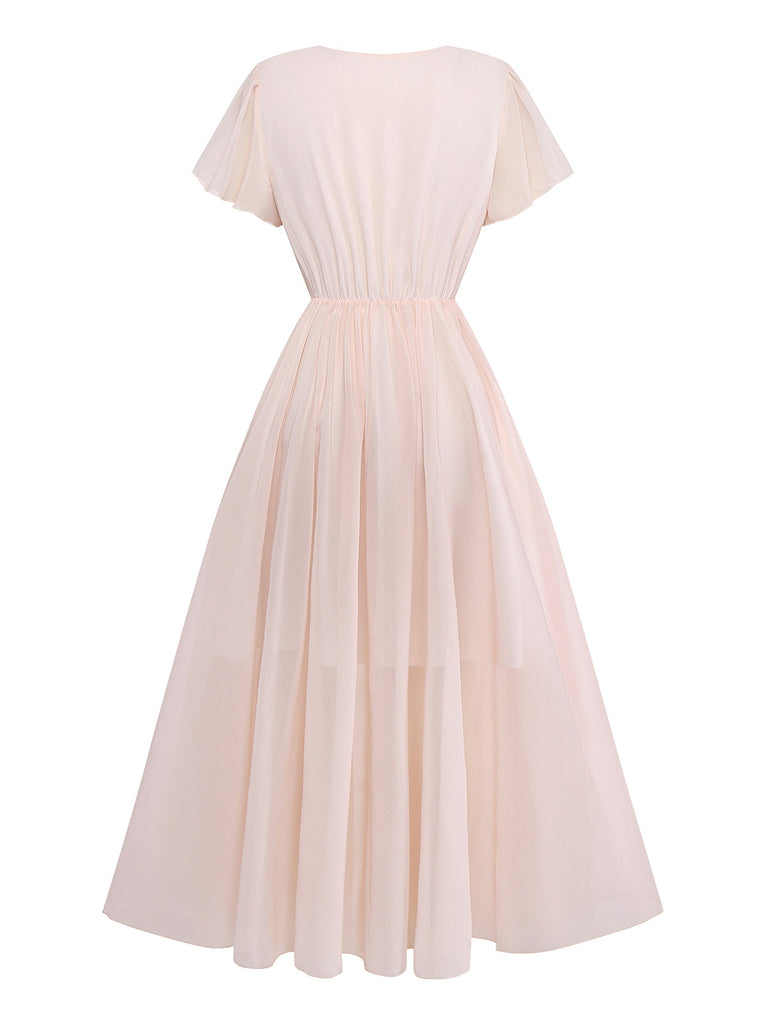 [Vorverkauf] Rosa 1940er V-Ausschnitt Rüschen Ärmel Blumen Druck Kleid