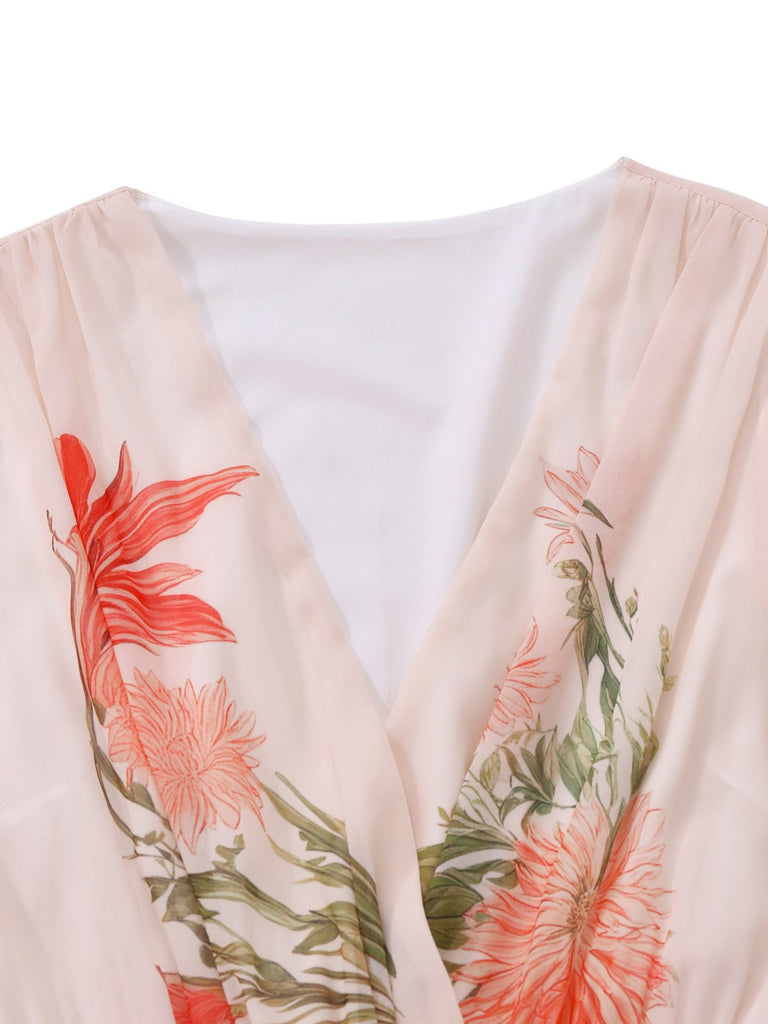 [Vorverkauf] Rosa 1940er V-Ausschnitt Rüschen Ärmel Blumen Druck Kleid