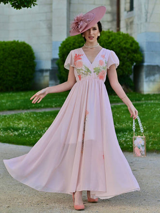 Rosa 1940er V-Ausschnitt Rüschen Ärmel Blumen Druck Kleid
