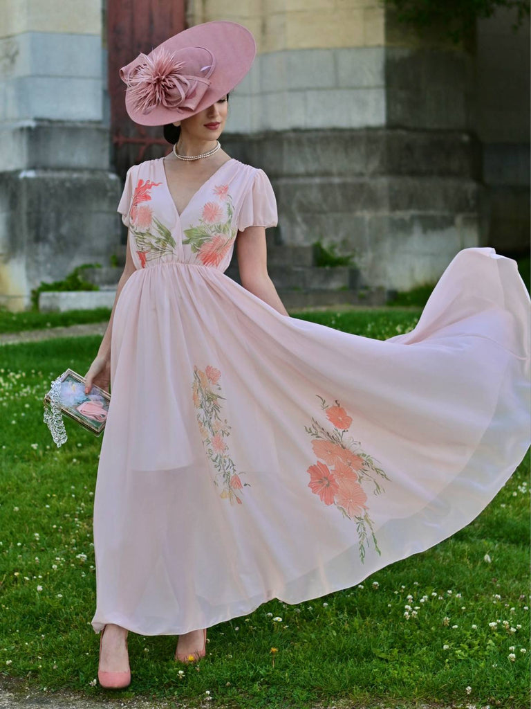 Rosa 1940er V-Ausschnitt Rüschen Ärmel Blumen Druck Kleid