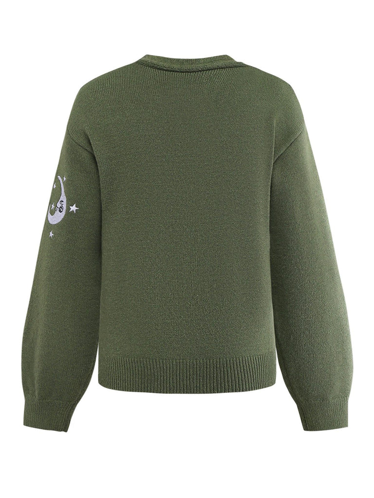 1980er Sonne Mond Bestickt Laternenärmel Stricken Cardigan