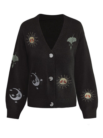1980er Sonne Mond Bestickt Laternenärmel Stricken Cardigan