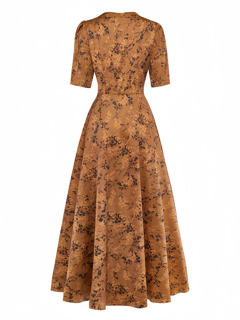 Braun 1930er Kleinblümchen Blumen Revers Maxi Kleid