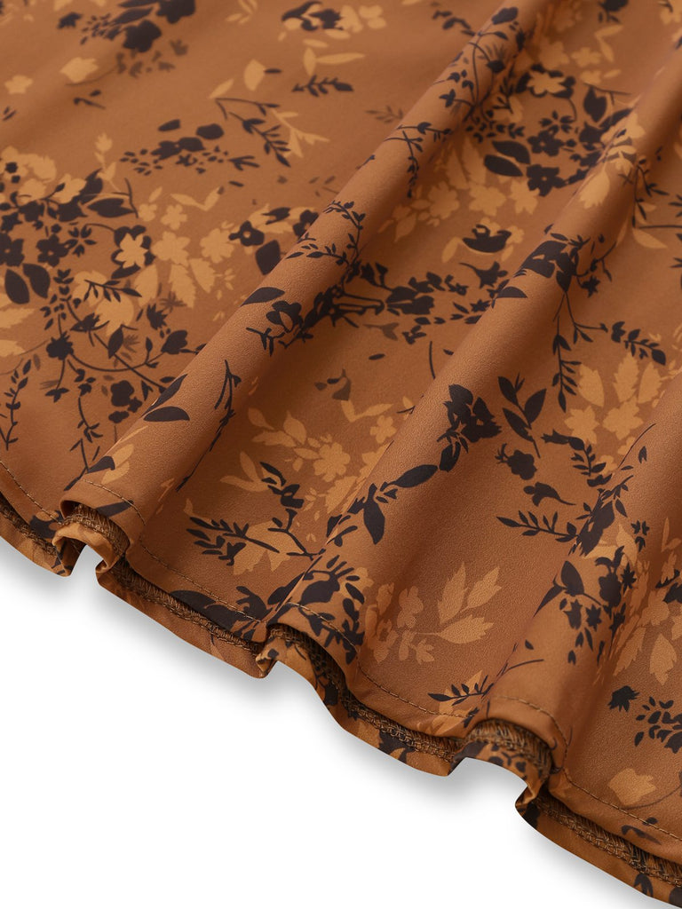 Braun 1930er Kleinblümchen Blumen Revers Maxi Kleid