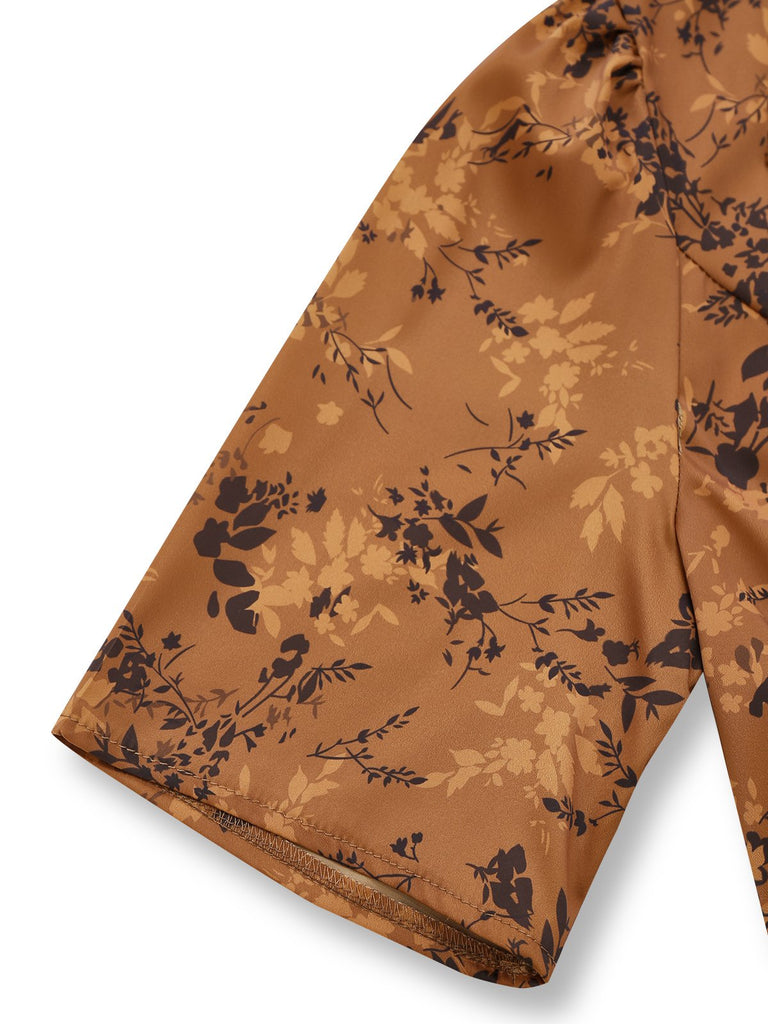 Braun 1930er Kleinblümchen Blumen Revers Maxi Kleid