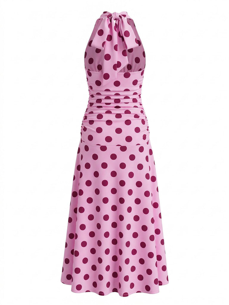 Pfirsichrosa Polka-Dot-Midikleid im Stil der 1930er Jahre mit V-Ausschnitt und Neckholder, Größe 4