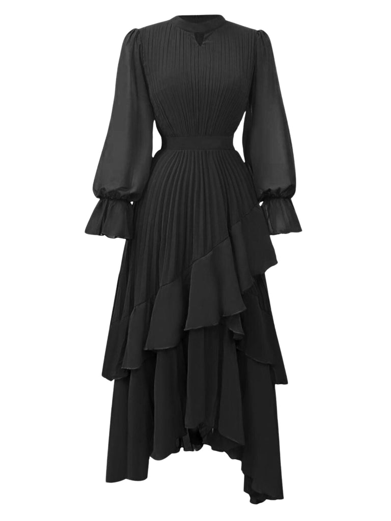 1950er Solide Rüschen Saum Plissiertes Kleid