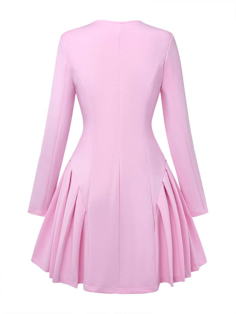 1950er Solide Lang Ärmel Plissiertes Kleid