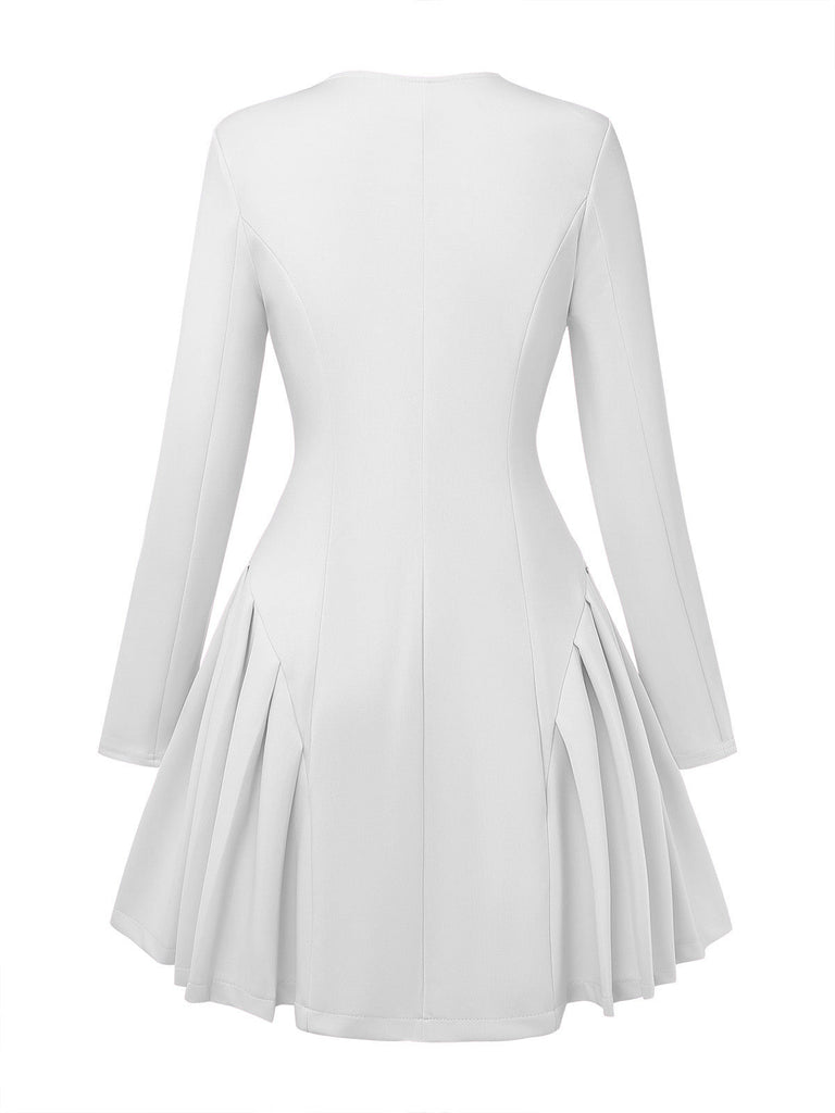 1950er Solide Lang Ärmel Plissiertes Kleid