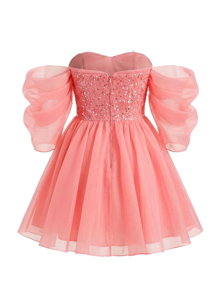 Rosa 1950er Pailletten Netz Schulterfrei Kleid