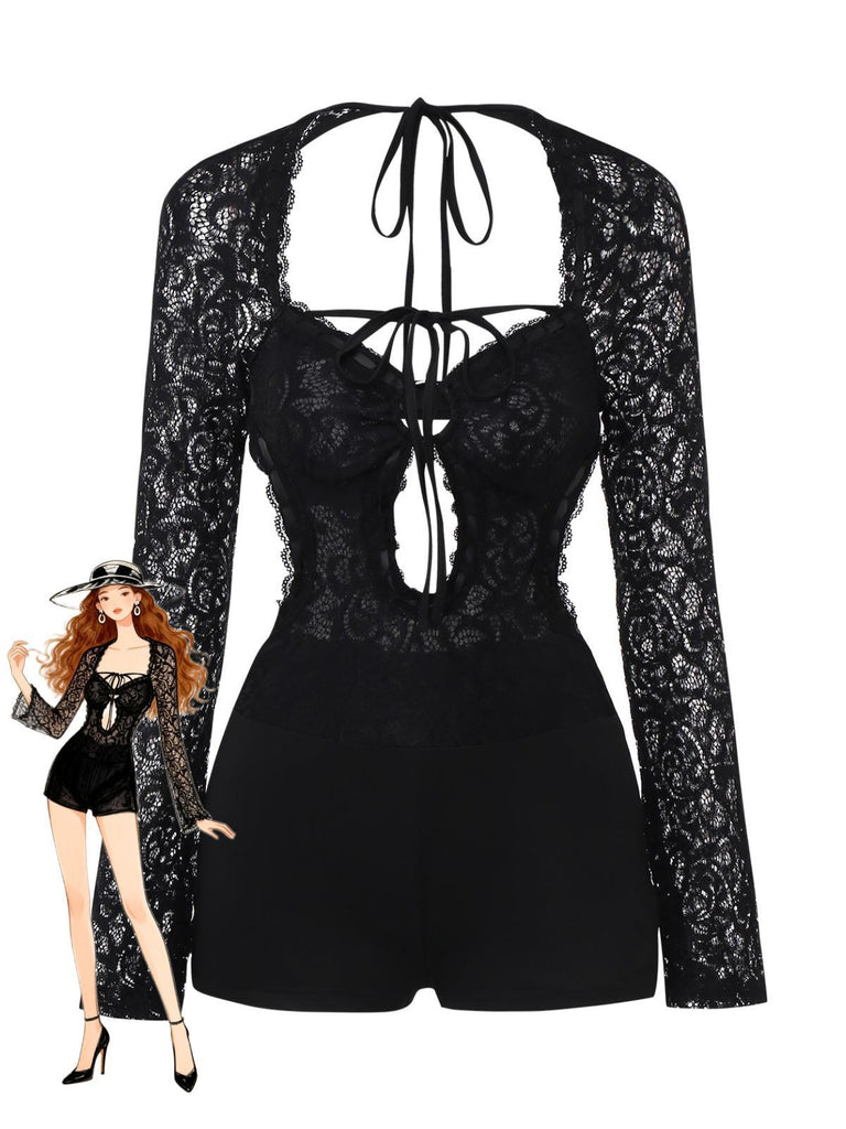 Schwarz 1950er Spitze Langärmel Cutout Bodysuit Romper