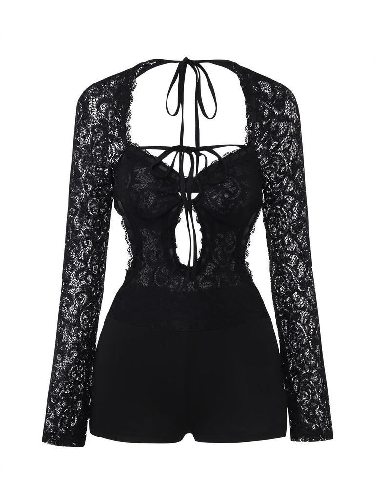 Schwarz 1950er Spitze Langärmel Cutout Bodysuit Romper