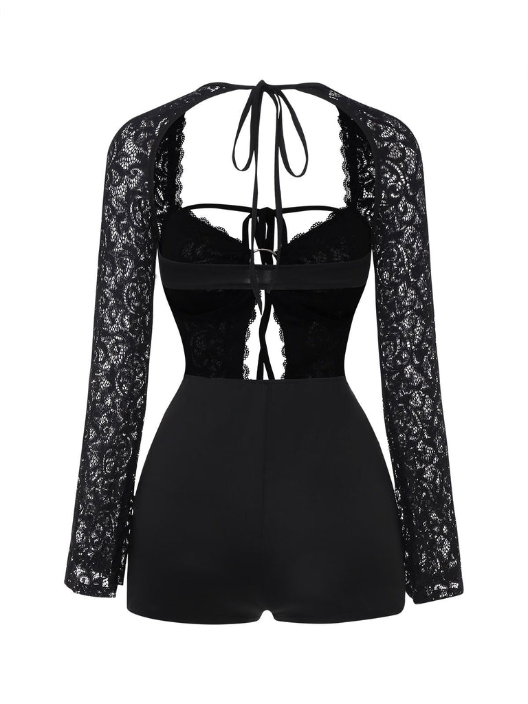 Schwarz 1950er Spitze Langärmel Cutout Bodysuit Romper