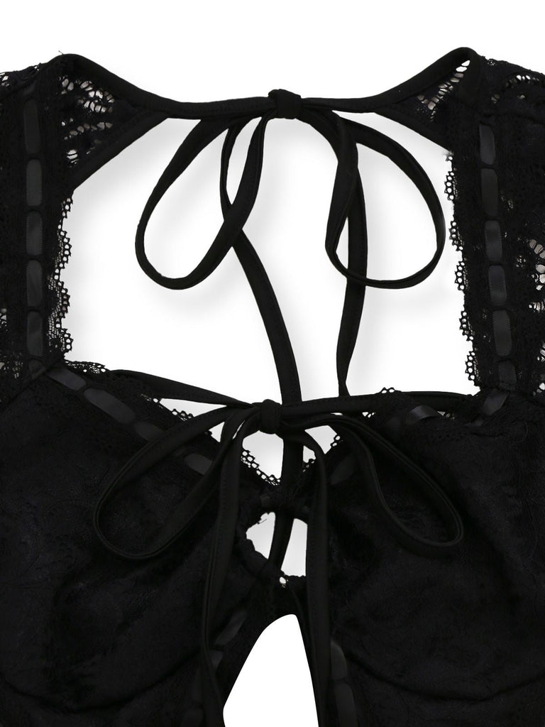 Schwarz 1950er Spitze Langärmel Cutout Bodysuit Romper