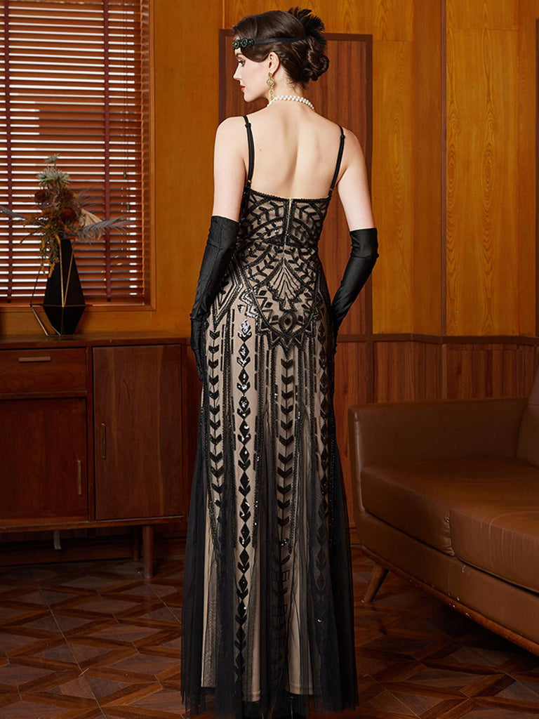 Schwarz 1920er Gatsby Pailletten Netz Maxi Abend Kleid