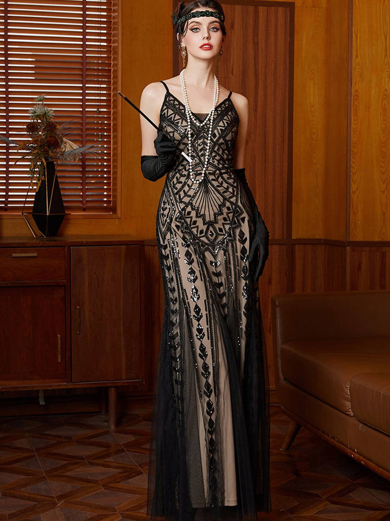 Schwarz 1920er Gatsby Pailletten Netz Maxi Abend Kleid