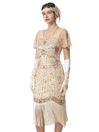 Beige 1920er Pailletten Perlen Fransen Charleston Kleid