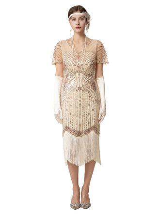 Beige 1920er Pailletten Perlen Fransen Charleston Kleid