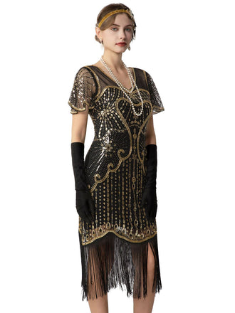 Schwarz & Gold 1920er Pailletten Perlen Fransen Charleston Kleid
