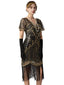 Schwarz & Gold 1920er Pailletten Perlen Fransen Charleston Kleid