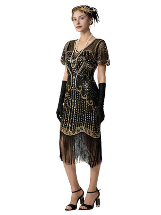 Schwarz & Gold 1920er Pailletten Perlen Fransen Charleston Kleid