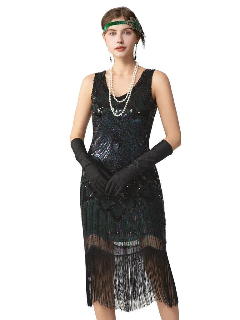 1920er Pailletten Fransen Ärmellos U-Ausschnitt Flapper Kleid