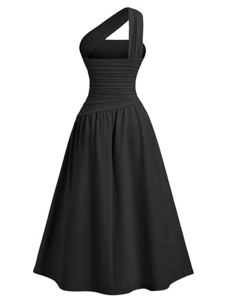 Schwarz 1930er Solide Wickel Eine Schulter Taille Gerafft Kleid