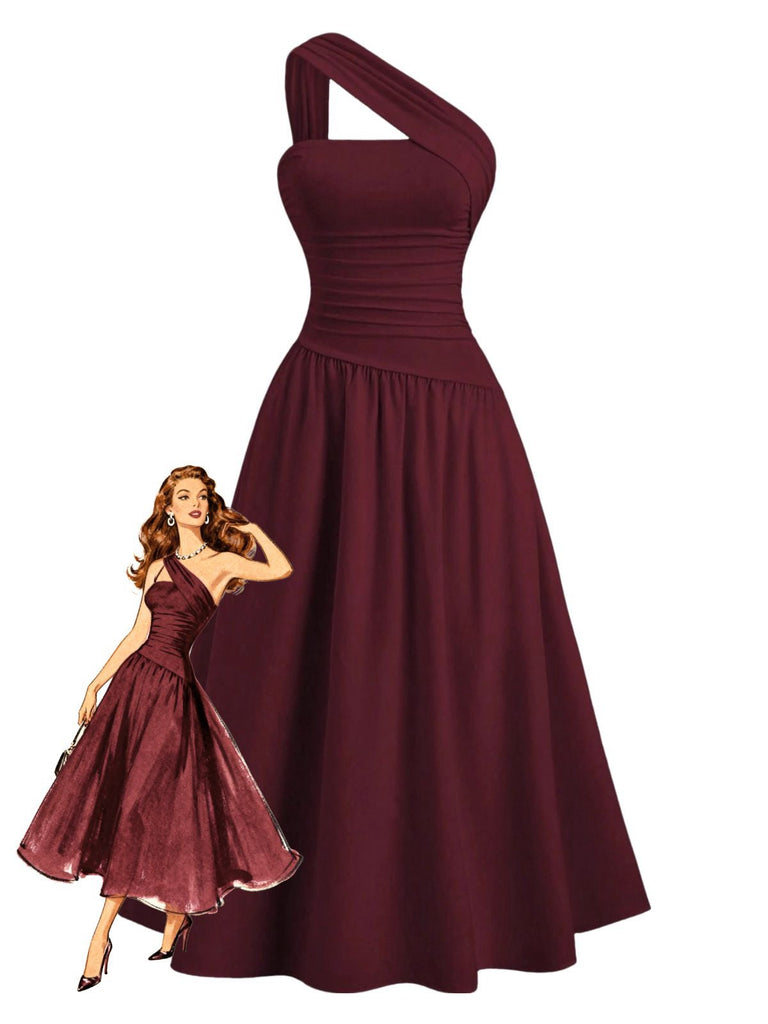 1930er Solide Wickel Eine Schulter Taille Gerafft Kleid